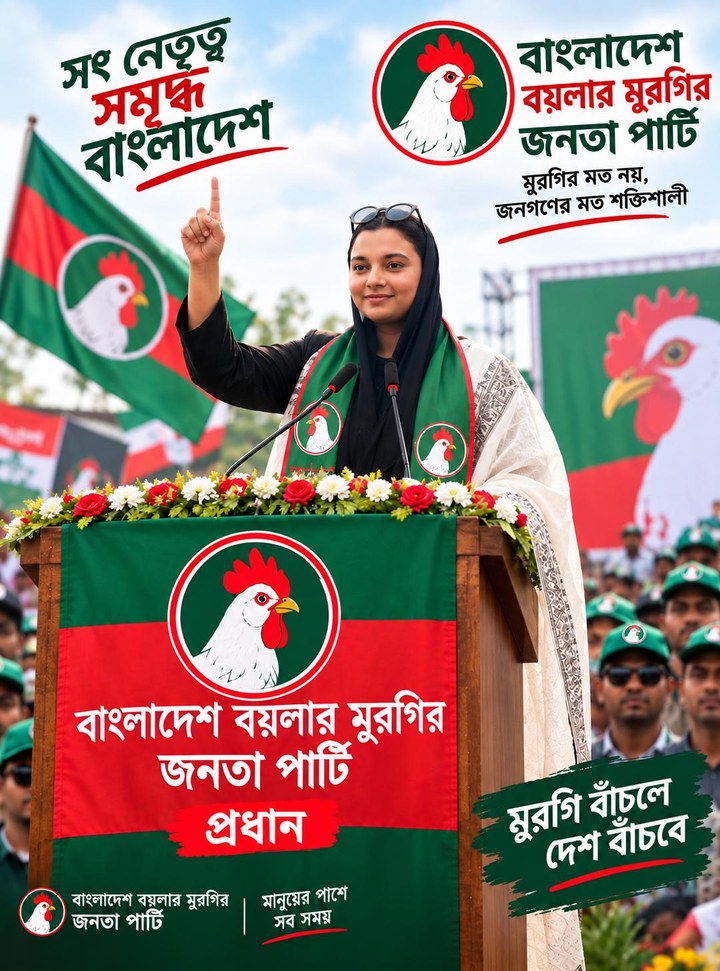 Swarna Swapan Sheikh addressing a rally from the podium, Bangladesh Broiler Murgi Janata Party rally poster